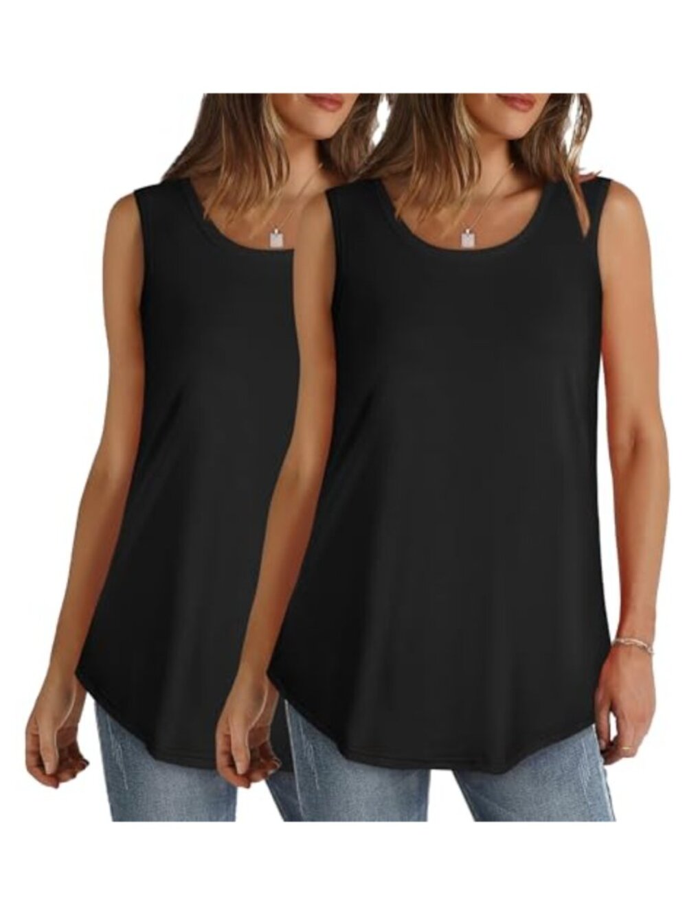 Women's Loose Fit Scoop Neck Sleeveless Tank Top Curved Hem Basic Tunic